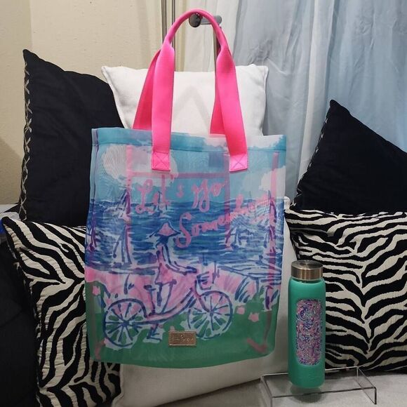 Lilly Pulitzer Let's Go Somewhere Mesh Tote and Water Bottle - Picture 1 of 9